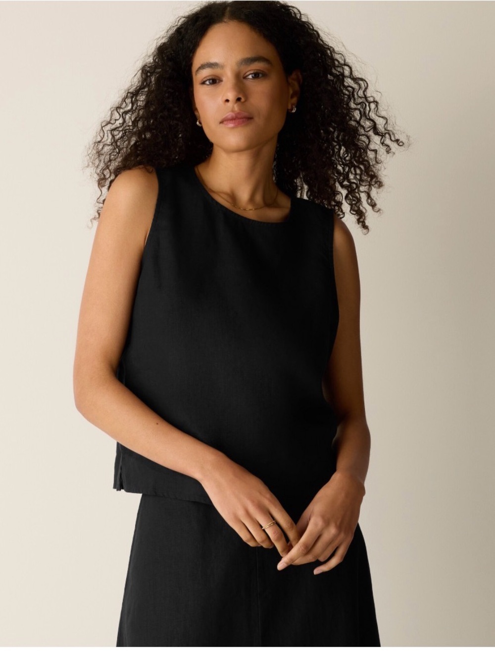 Eileen Fisher Organic Linen Shell Short Sleeve Black Tank Top L Quiet Luxury